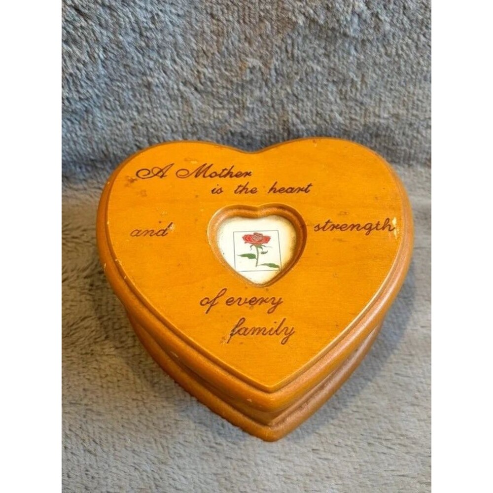 MCM Vintage Wooden Heart Shaped Trinket Jewelry Box Mother Poem Rose Photo Frame